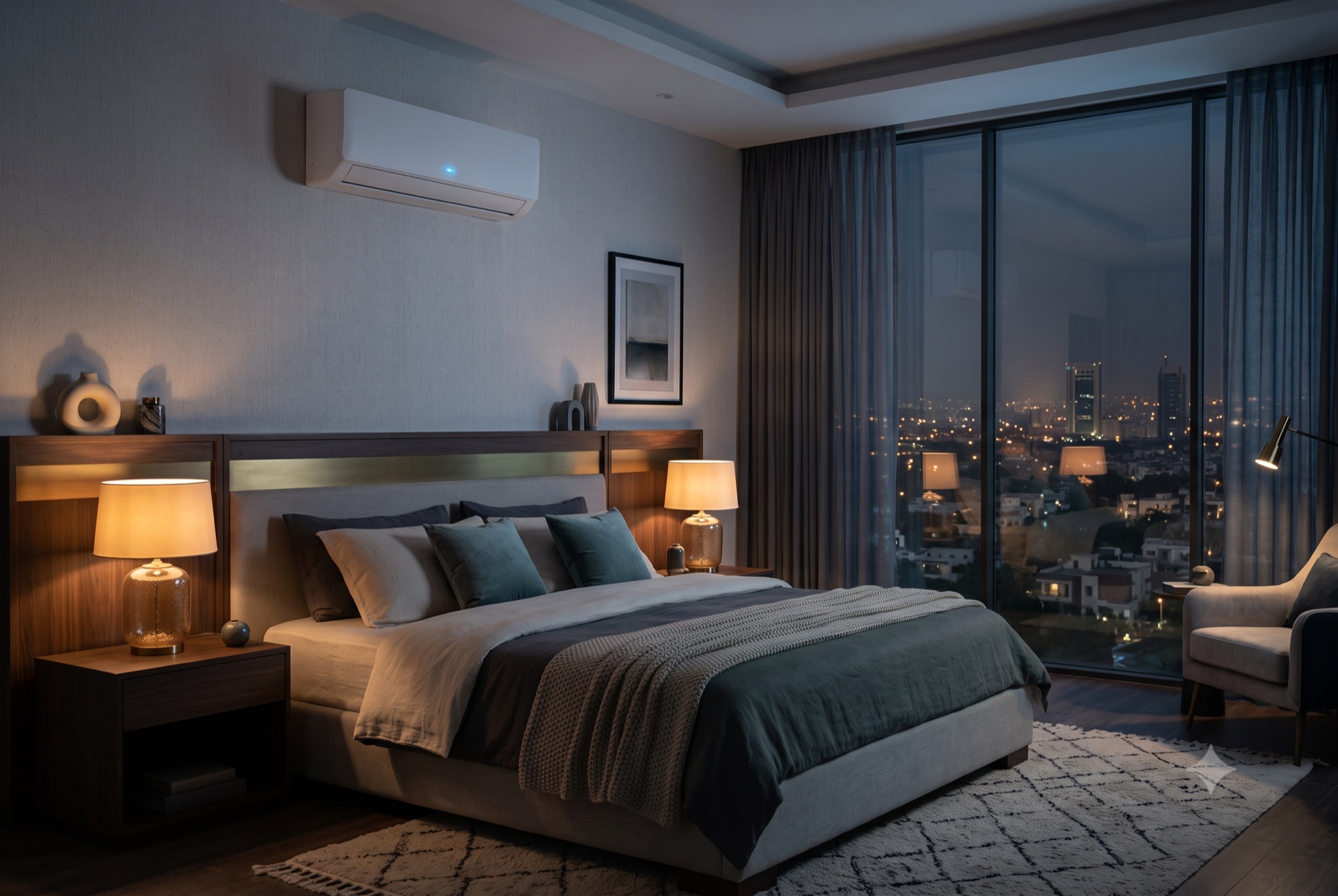 Bedroom at night with a slim wall unit above the bed